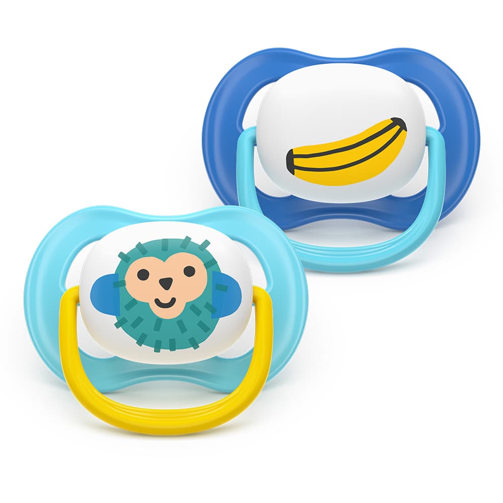 2 броя ортодонтски силиконови залъгалки Philips AVENT SCF080/26 Ultra Air Happy, 6-18м, с декорация в синьо, в кутия за стерилизиране